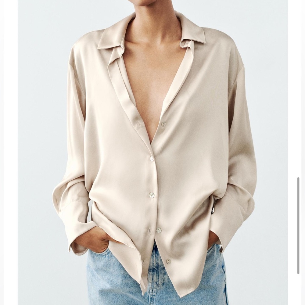 Zara satin effect shirt in oyster white